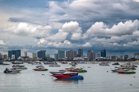 Skyline and speedboats, Pattaya, Thailand