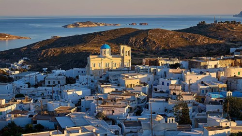 Church, Panagia Odigitria, view of a Greek island town with white buildings and a distinctive