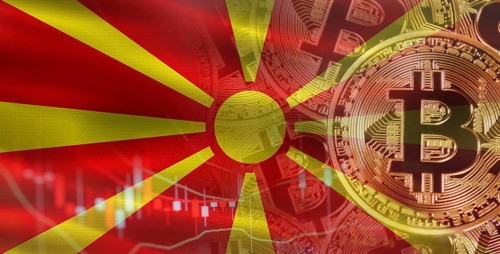 Bitcoin cryptocurrency with North Macedonia flag, Investors in Blockchain Technology. Macedonian