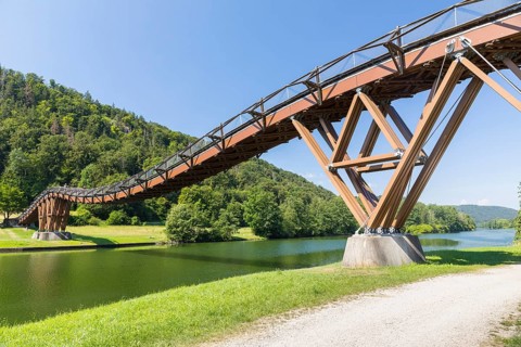 Wooden bridge near Essing, called Tatzelwurmbrücke, spannbandbrücke over the Main-Danube Canal,
