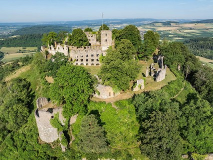 Aerial view of the Hohentwiel volcanic cone with Germany's largest fortress ruin, in the morning