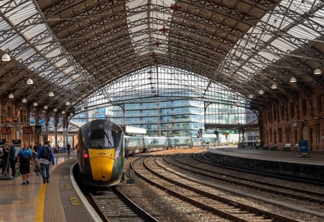 GWR British Rail Class 800 Inter City Express train arriving at platform, Temple Meads railway