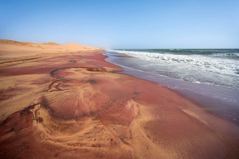 Sandy beach beach with pink sand, Atlantic coast in the Namib Desert, Sandwich Harbour, Namib