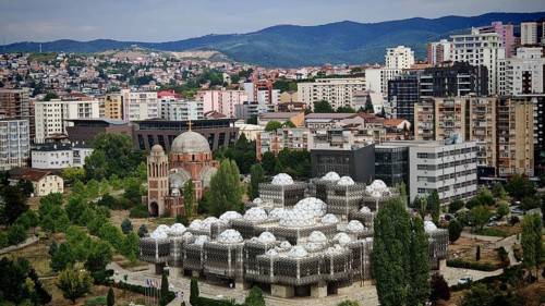 National Library, Pjeter Bogdani, view of modern architecture with characteristic domes and