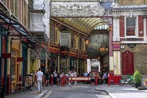 Entrance of Leadenhall Market, Victorian era market hall, City of London, London, England, Great