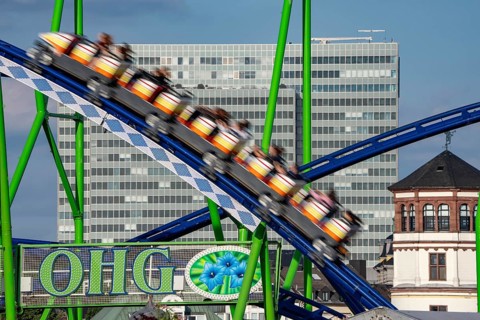 Rheinkirmes in the Rheinwiesen in Düsseldorf-Oberkassel, Alpina Bahn rollercoaster, the