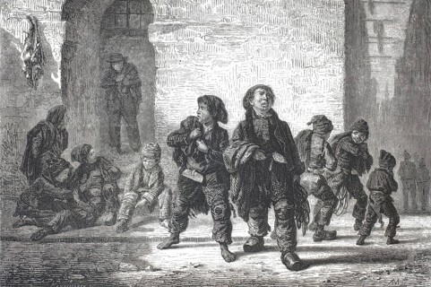 Group of French chimney sweep boys, Les Ramoneurs, who set off for their daily work. In the 19th