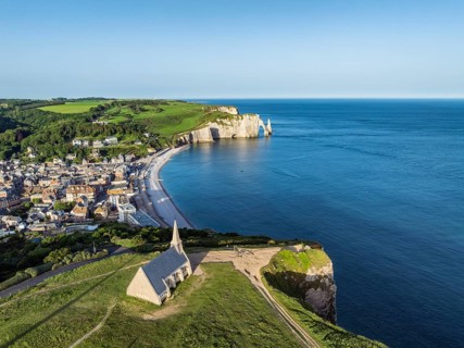 Aerial view of the Notre Dame de la Garde chapel after sunrise at the Falaise d'Amont viewpoint, on