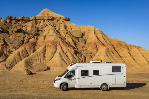 Motorhome traveling in Bardenas Reales Natural Park, Navarra, Spain