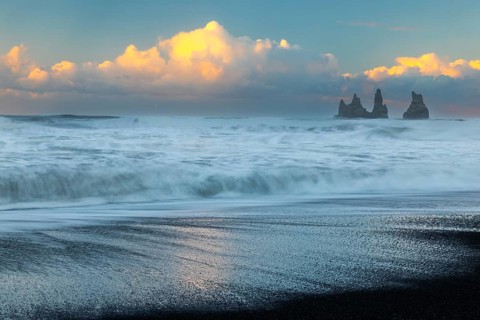 Reynisdrangar pinnacles, lava sandy beach, waves, sea, clouds, winter, Vik, Iceland, Scandinavia