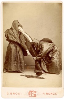 Hypnosis, young man, scene 1, two masked figures and a man in unusual interaction, Giacomo Brogi,