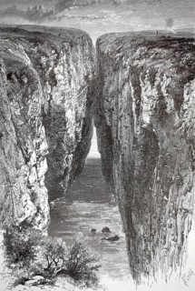 Huntsman's Leap crevice or hunter's jump in Pembrokeshire, Wales, illustration, reproduction from a