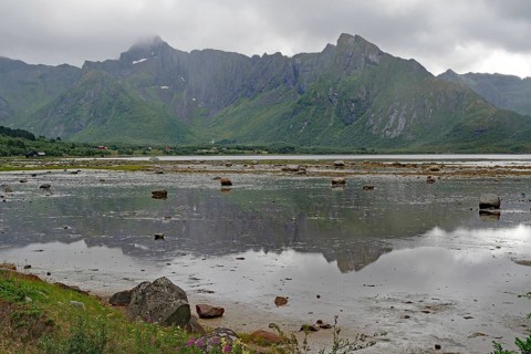 Impressive mountain landscape under cloudy sky, Lofoten, Nordland, Norway