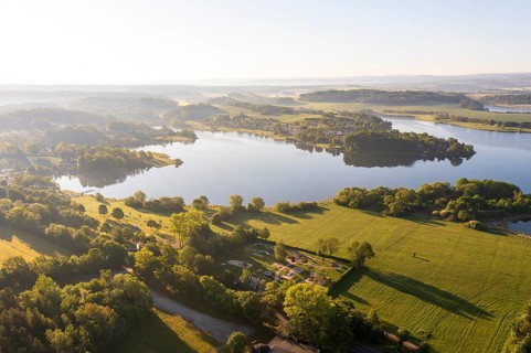 Aerial view of Pöhl dam in morning light, Vogtland, Saxony, Germany