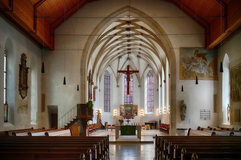 Interior view, nave, choir room, Jesus Christ on the cross, Neubronn altar, winged altar, Ulm