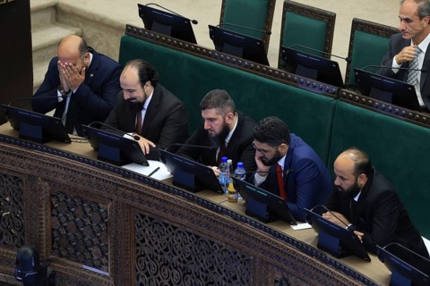 Damascus, Syria - July 12, 2026: Members of Syria's newly formed People's Assembly cast their votes