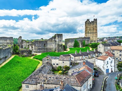 Richmond Castle from a drone, Richmond, Yorkshire Dales, North Yorkshire, England, United Kingdom