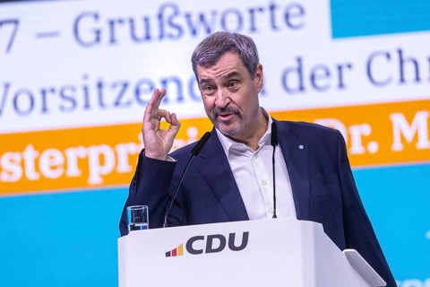 38th Federal Party Congress of the CDU of Germany in Stuttgart. Greetings from Markus Söder, party