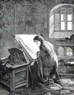 Wood engraving called Elaine. It illustrates a scene from the famous poetry collection Idylls of