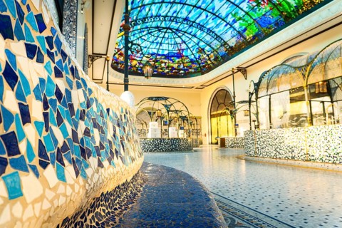 Doha, Qatar - 15th january, 2026: Stunning stained glass ceiling and mosaic tiled interiors of