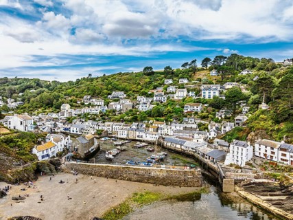 Polperro Harbour and Village from a drone, Polperro, Looe, Cornwall, England, United Kingdom