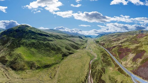Panoramic aerial view of the highland landscape in the Cairn Gorm National Park, Aviemore,