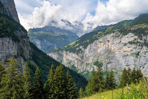 View of the Lauterbrunnen valley, Mettlenalp, picturesque mountain landscape, Bernese Alps, Bernese