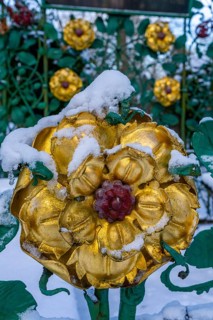 Snow-covered wrought iron fence with golden flower decorations on a tomb in winter, Weissensee