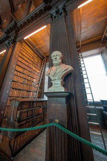 Bust of Plato in a historic library with bookshelves, Trinity Collage, Dublin, Ireland