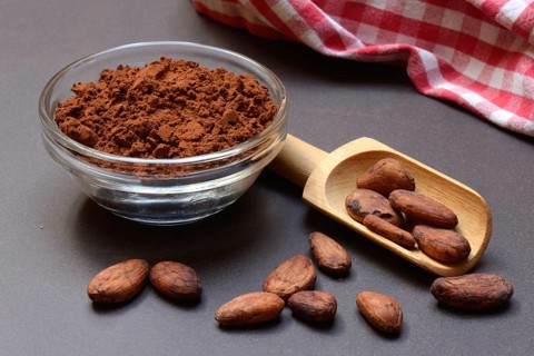 Cocoa powder in glass shell and cocoa beans