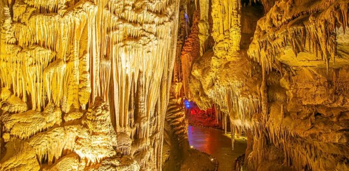 Illiuminated prometheus cave and pathway. Travel spots and sightseeing in Georgia