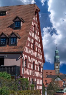 Historic Franconian half-timbered house, St. John's Church in the back, Lauf an der Pegnitz, Middle