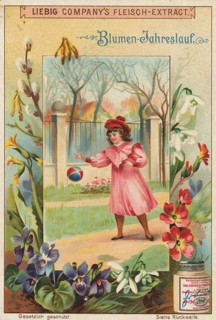 Picture series Flower Year Run, a girl with a ball in a garden landscape, framed by various