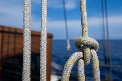 Close-up of a knotted dew on a sailing ship, Aeolian or Aeolian Islands, Sicily, Southern Italy,