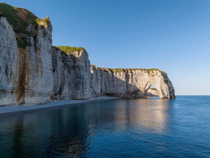 Aerial view of La Manneporte rock gate, Étretat, Alabaster Coast, La Côte d'Albâtre, chalk cliffs,