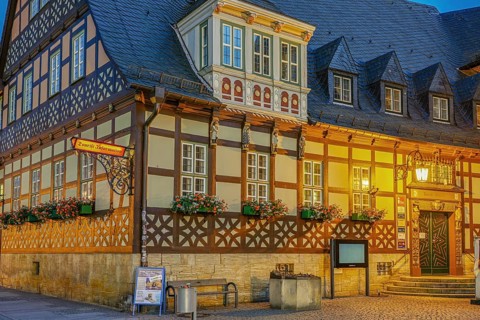 Tourist information on the market square illuminates Wernigerode Harz Germany