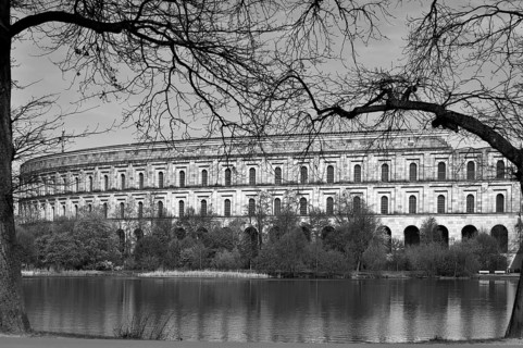 General view of the former, unfinished NSDAP Congress Hall, 1933–1945, with the Dutzenteich pond