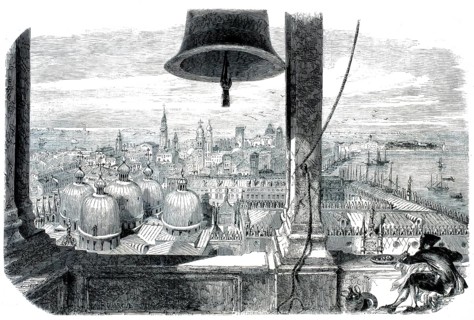 View of Venice from the Campanile di San Marco from 1859. In the foreground is a large bell tower