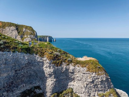Aerial view, top down view of the Falaise d'Amont rock formation with the Porte d'Amont rock gate