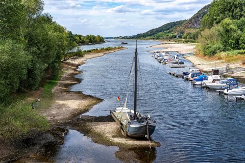 Low tide in the Rhine, historic Aelschokker Aranka is dry, on the island of Grafenwerth, on a dead