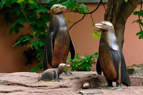 Bronze sculptures of Humboldt penguins, Spheniscus humboldti, in the Nuremberg Zoo, Am Tiergarten