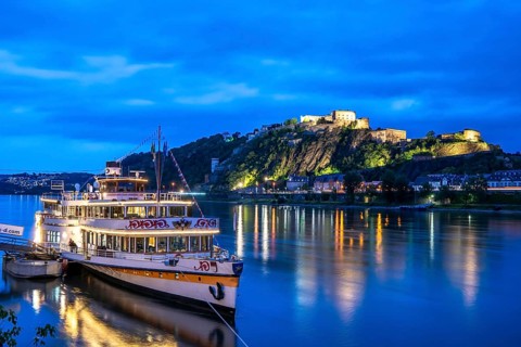 The Ehrenbreitstein Fortress, on the right side of the Rhine, opposite the Deutsches Eck, evening