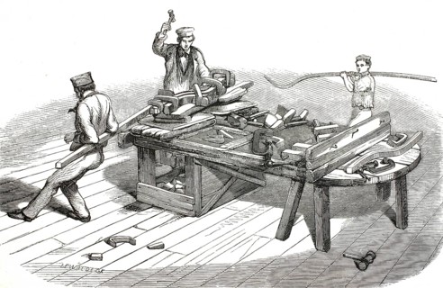 Bending workbench for wood from the 19th century. The scene depicts the process of wood bending, in