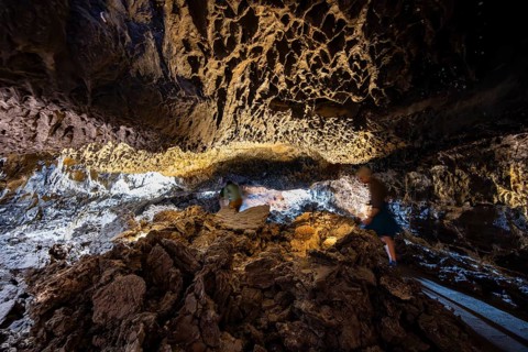 Underground cave formed by lava flow, illuminated lava cave, Cueva de los Verdes, Lanzarote, Canary