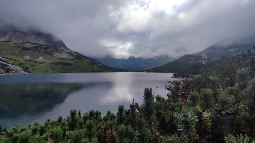 A misty mountain lake surrounded by firs and cloud-covered mountain peaks, Schronisko, High Tatras