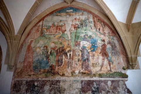 Interior photo, historical wall painting, fresco, cloister, Blaubeuren Abbey, Swabian Jura,