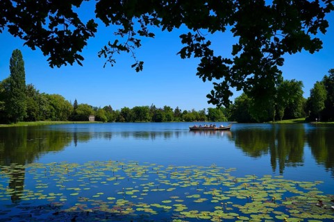 Gondola, boat with tourists, water lilies, Wörlitzer See, Wörlitzer Park, Wörlitzer Anlagen,