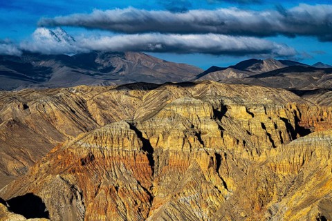 Mountain landscape, erosion landscape near Yara, evening light, Mustang, Upper Mustang, former