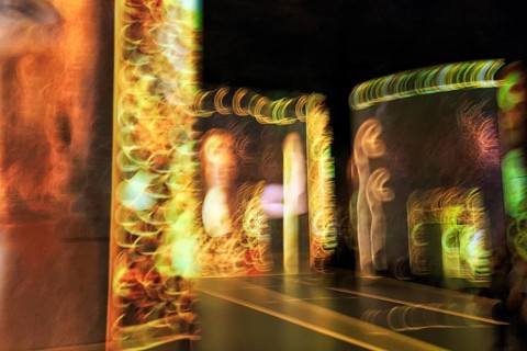 Immersive exhibition, digital art, famous paintings, colorful projections on walls and floors,