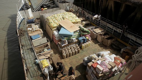 Cargo on a ship with various packaged raw materials, ferry to Bubaque, Bissagos, Bijagos